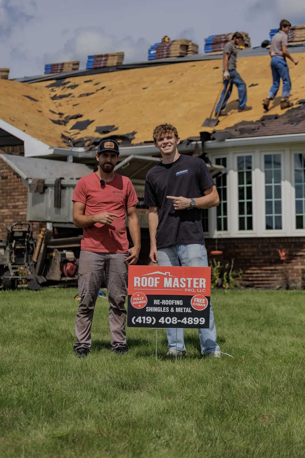 Brayden Jackson on location with a roofing client during a LeadFlow content shoot